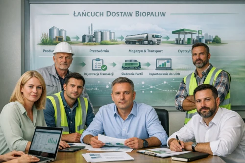 Specjaliści kontrolujący dokumentację na terenie instalacji biomasy