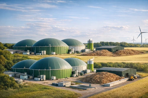 Instalacja biogazowa i magazyny biomasy na tle pól